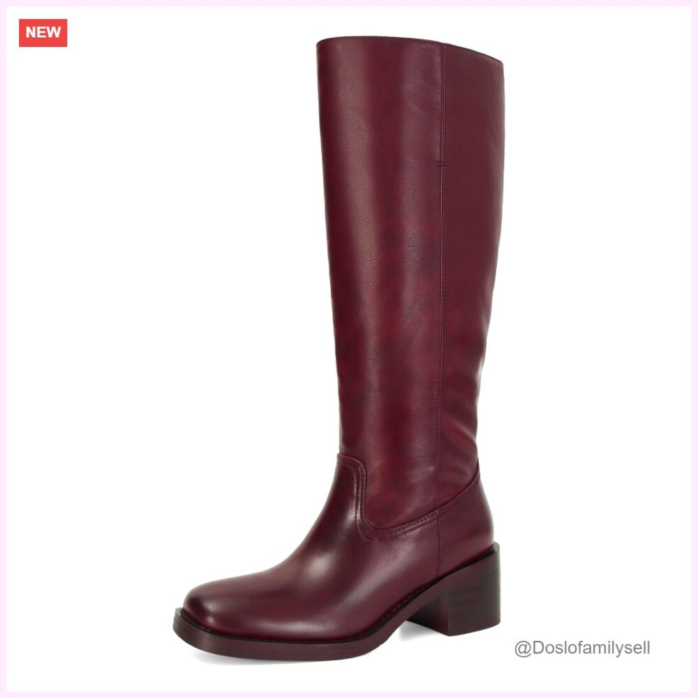 Knee High Boots Square Toe Chunky Heel Pull On Wide Calf Comfortable Casual